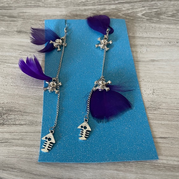 Purple Feather Skull Earrings - Picture 5 of 5